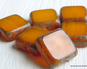 6 Square Milky Gold Picasso Czech Glass Beads 10mm Square Beads 12 - 31 Jewelry and Beading Supplies