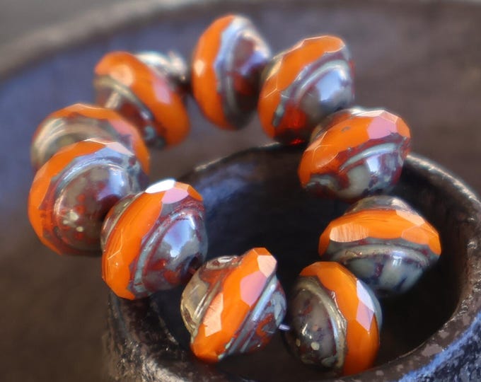 Autumn Ember - 10 Saturn Saucer Bead - Czech Glass Beads - Milky Orange Picasso 8x10mm - 12 - 9