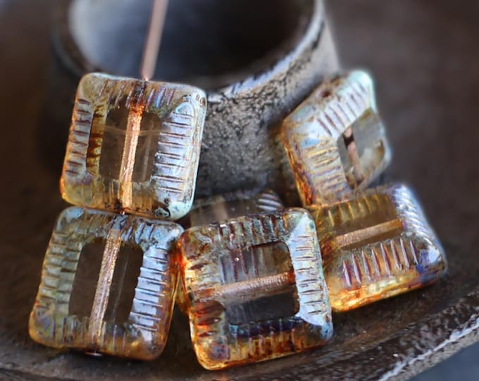 Czech Picasso Beads - 13mm Square Table Cut Beads - Crystal Picasso 6 pc