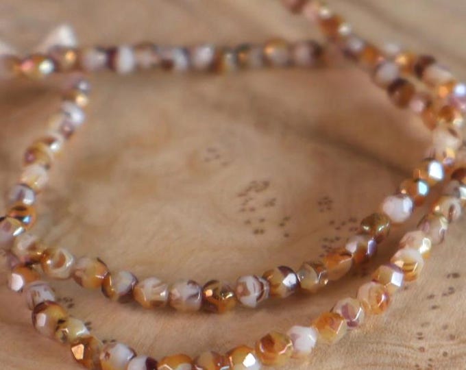 3mm Czech Beads - Opaque White Caramel Luster Firepolished Faceted 50 pcs
