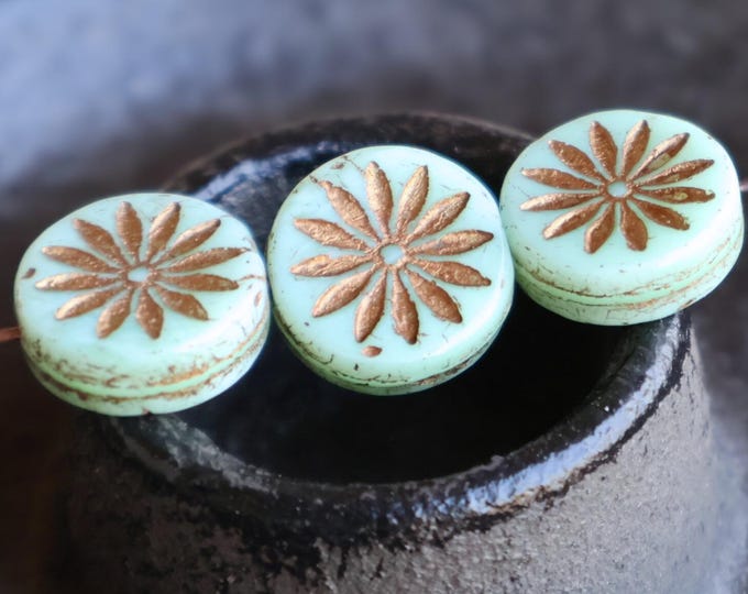 Aster Flower Bead Czech Glass Bead 12mm Coin Seafoam Green Bronze Picasso