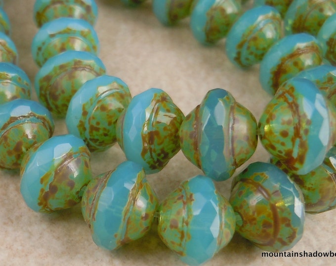 6 Czech Glass Beads 10mm Large Flying Saucer Beads Milky Aqua Picasso (9 - 30)