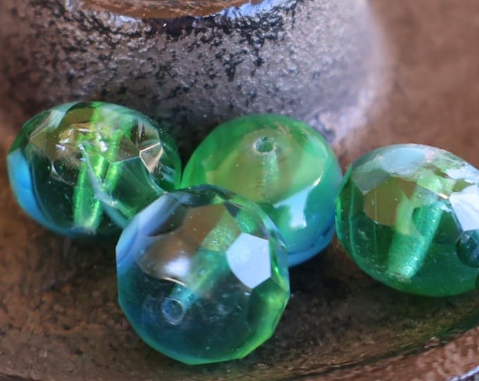 4 Czech Firepolished Glass 14mm Sapphire Aqua Assortment Rondelle Large Beads 11 - 24