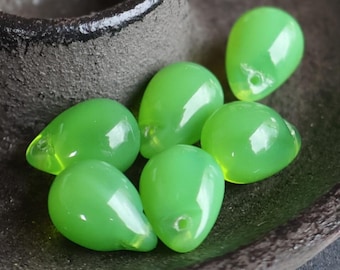 8 Czech Pressed Glass Tear Drop Bead Milky Green 13mm  BX 7 - 11
