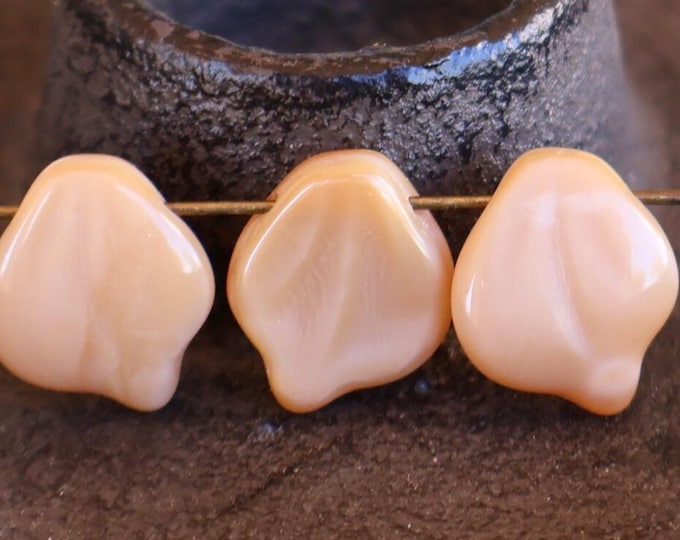 12 Beige Czech Pressed Glass Leaf Beads 14mm Butterscotch Silk 5 - 24