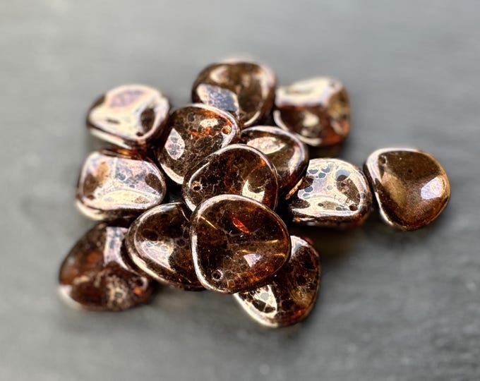Czech Glass 14mm Rose Petal Beads Smoky Topaz Moon Dust - 12 Beads (BX 7 - 12)