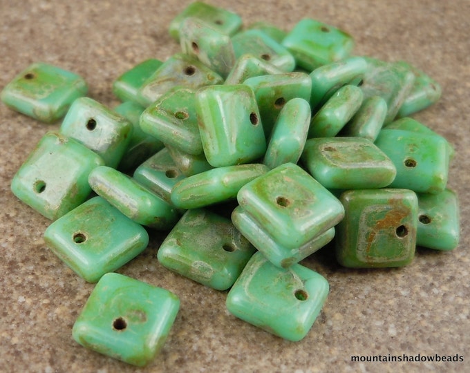 Turquoise Picasso Czech Glass Beads 6mm Square Lentil  - 25 pcs