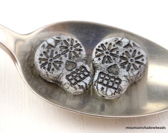 Czech Glass Beads - 20mm Sugar Skull White with Jet Picasso - 2 Beads (BX 8 - 26)
