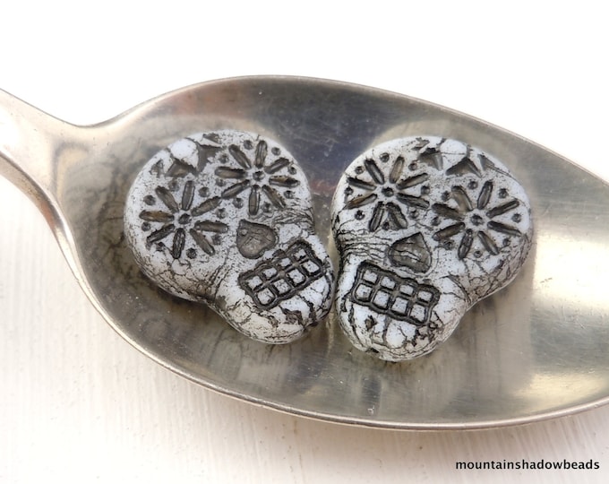 Czech Glass Beads - 20mm Sugar Skull White with Jet Picasso - 2 Beads (BX 8 - 26)