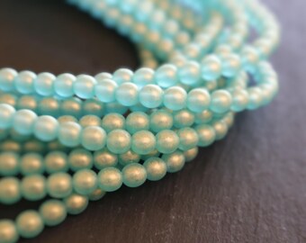 50 Czech Glass Bead 6mm Smooth Round Bead - Sueded Gold Aqua 12 - 31
