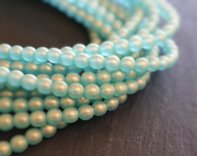 50 Czech Glass Bead 6mm Smooth Round Bead - Sueded Gold Aqua