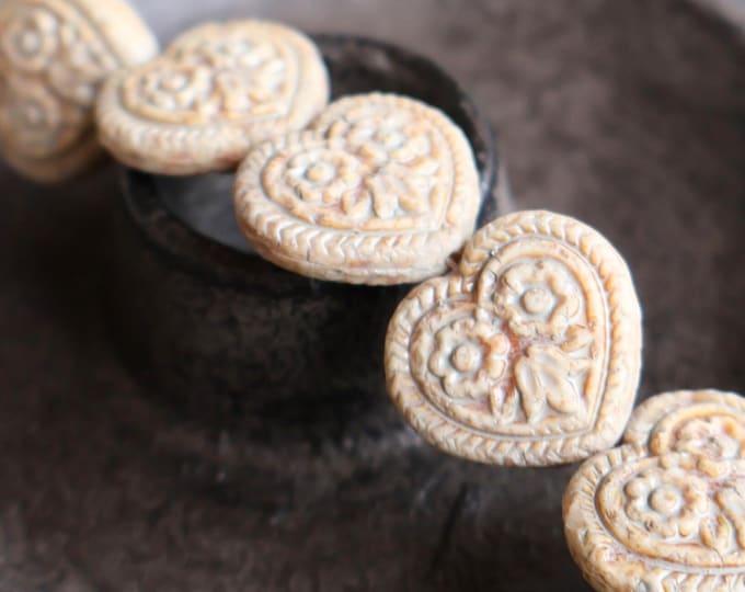 2 Czech Glass Beads - 17mm Carved Floral Heart Antique Beige