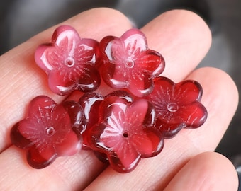 6 16mm Czech Glass Beads Large Flat Flowers Pearl Fuschia (BX 10 - 20)