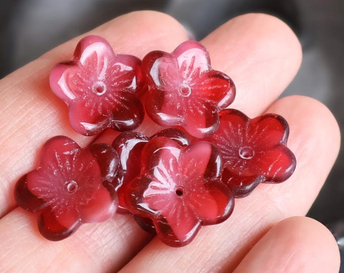 6 16mm Czech Glass Beads Large Flat Flowers Pearl Fuschia (BX 10 - 20)