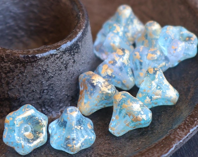 12 Czech Glass Beads - 9mm Aqua Blue Gold Picasso Bell Flower