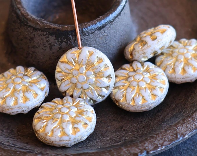 6 14mm Czech Glass Dahlia Beads - Opaque Ivory Gold Picasso (12 - 17)