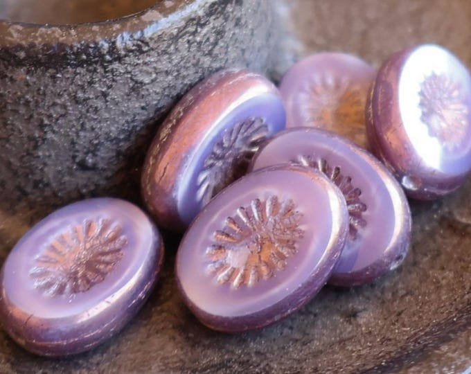 Czech Picasso Beads - Chunky 14mm Oval - 6 Purple Bronze Picasso Czech Glass Beads