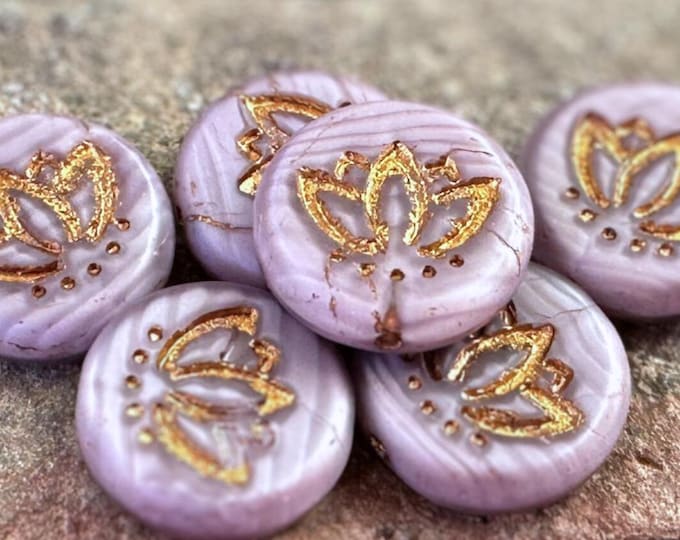Lotus  Bead  Czech Glass Bead  14mm Coin  Matte Opaque Purple Picasso  8 BX 8 - 26