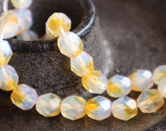 Czech Glass Faceted Firepolished Beads 6mm  Milky Crystal Yellow 25