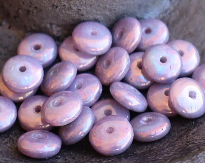 25 Czech Pressed Glass Rondell Spacer Beads 6mm  Opaque Purple Luster Picasso (12 - 17)