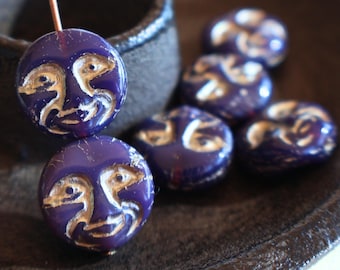 6 - 13mm Moon Face Bead - Czech Glass Bead - Purple Opal Platinum Picasso