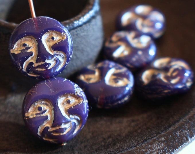 6 - 13mm Moon Face Bead - Czech Glass Bead - Purple Opal Platinum Picasso