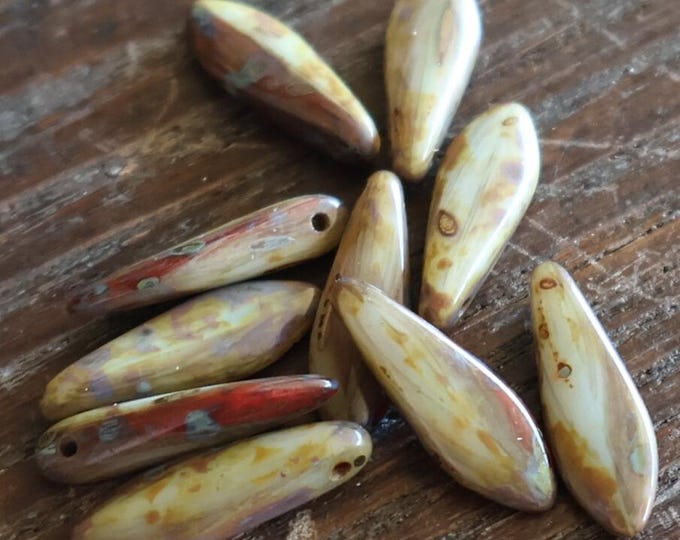 10 Czech Glass Beads - 5x16mm Sage Green Daggers Picasso Czech Beads (BX 9 - 30)