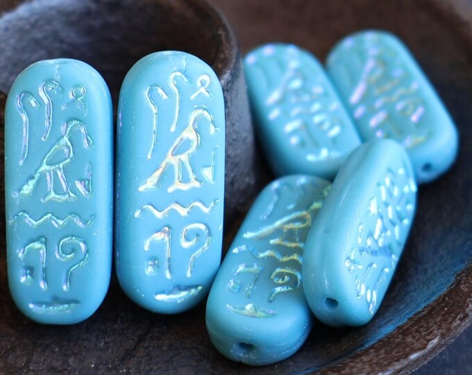 6 Czech Glass Beads -  25mm Cartouche Bead 10 - 28 Opaque Blue Silver Beads for Jewelry Making