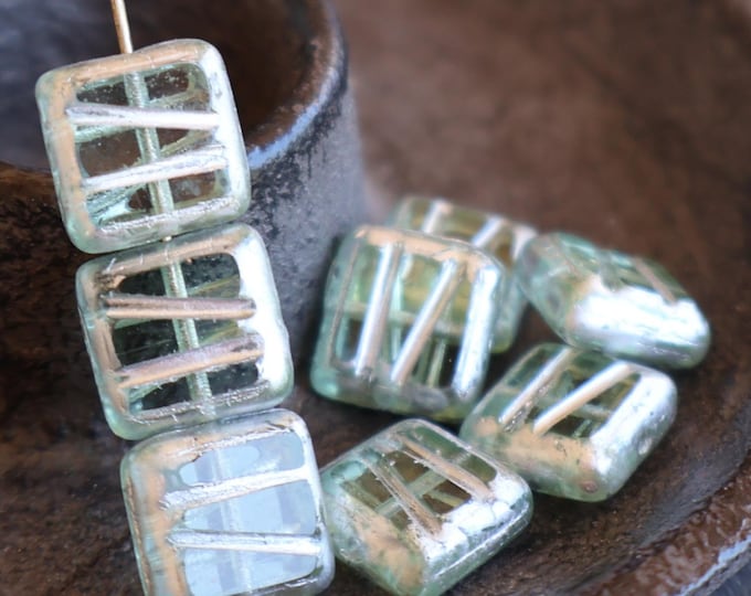 Czech Picasso Beads - 10mm Square Table Cut Beads - Green Platinum Picasso 10 pc
