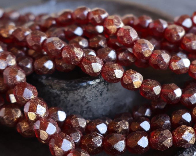 6mm Czech Ruby Gold Picasso Glass Beads Fire Polished Faceted