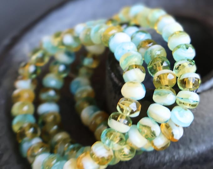 30 3x5mm Picasso Czech Glass Beads Aqua Cream Topaz Rondelle (BX 11 - 24)