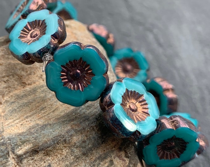 12mm Chunky Flower - Turquoise Bronze Picasso Czech Glass Beads - 6 (BX - 9 - 27)
