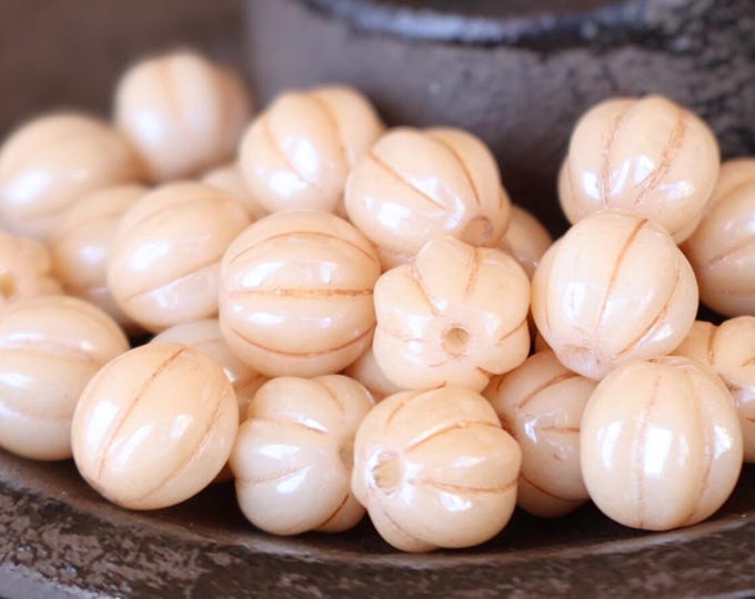 8mm Melon Beads - Czech Glass Beads - Opaque Champagne Luster Picasso -  25 pcs (BX 1 - 4)