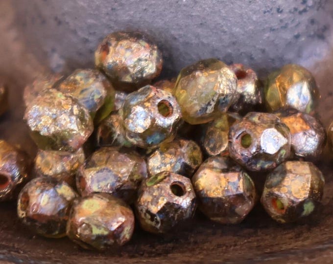 Czech Glass Bead 6mm Faceted Round Bead - Olivine Copper Stone  - 25 (BX 11 - 24) Jewelry and Beading Supplies