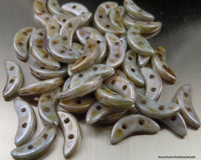 10 grams CzechMates 10mm Crescent Bead - 2 Hole Opaque Luster Green (BX 1 - 15)