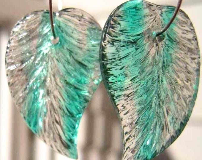 2 Large Czech Pressed Glass 25x17mm Emerald Black Diamond Leaf Beads ( 7 - 12)