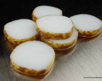 15mm Coin Opaque White Picasso Beads  6 Czech Picasso Beads  Czech Glass Beads BX 11 - 24