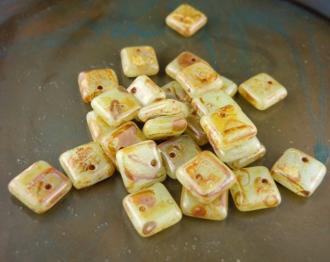 24 Czech Glass Beads 6mm Square Lentil Milky Pale Green Picasso (BX 7 - 28)