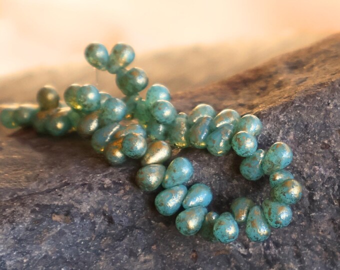 50 Czech Glass Teardrop Beads Milky Aqua Golden Picasso 4x6mm 8 - 26 Small Drop Bead f