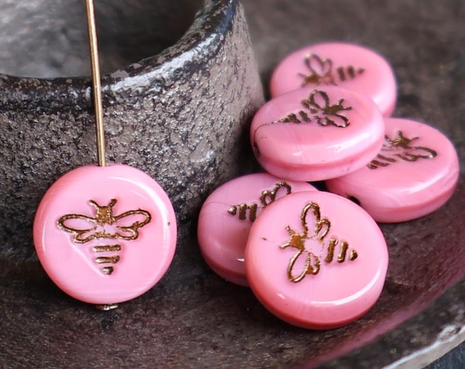 6 Czech Glass  - 12mm Bee Coin Bead - Opaque Pink Bronze Picasso