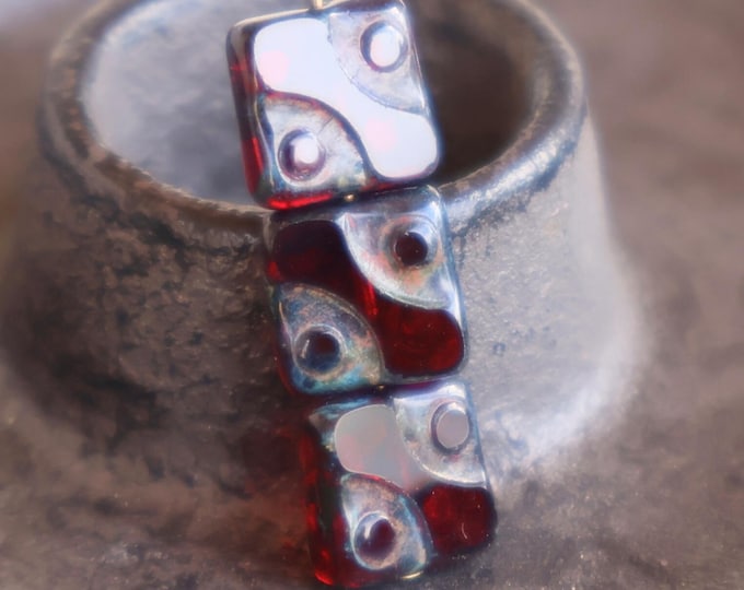 8 Czech Picasso Bead - Dark Ruby Picasso - Czech Glass Beads 10mm Square Bead