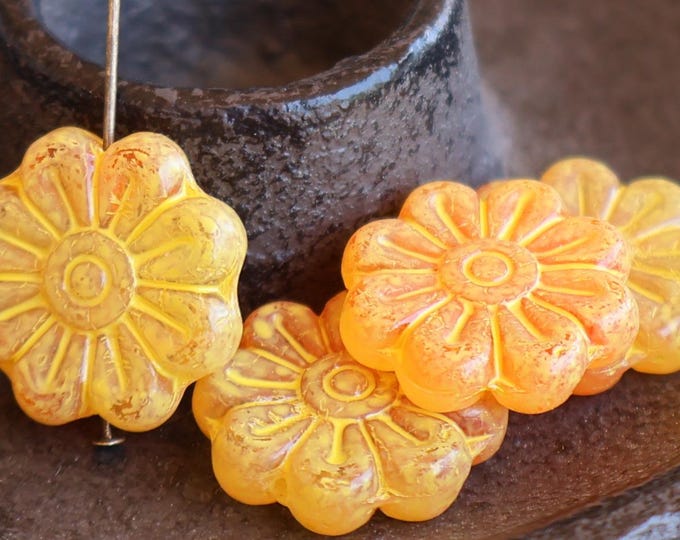 4 Czech Glass Flower Bead - 18mm Large Flower Bead - Milky Tangerine Picasso