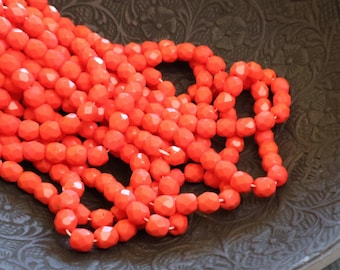 50 Czech Firepolished Faceted Glass Beads 4mm Opaque Coral 12 - 13