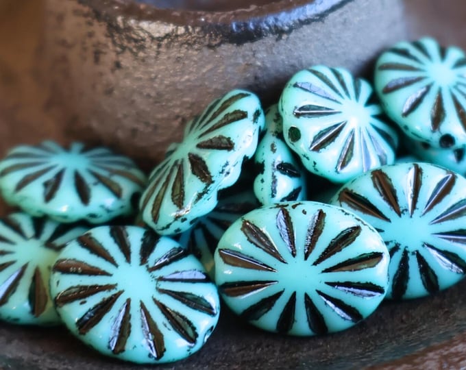 Czech Glass Beads,  Pressed Oval Beads 13mm Opaque Turquoise Jet 12 - 9