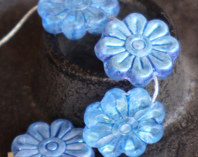 4 Czech Glass Flower Bead - 18mm Large Flower Bead - Sapphire Aurora Borealis Bloom