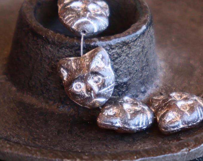 6 - 13mm Cat Face Bead - Czech Glass Bead - Tortoiseshell Silver Picasso