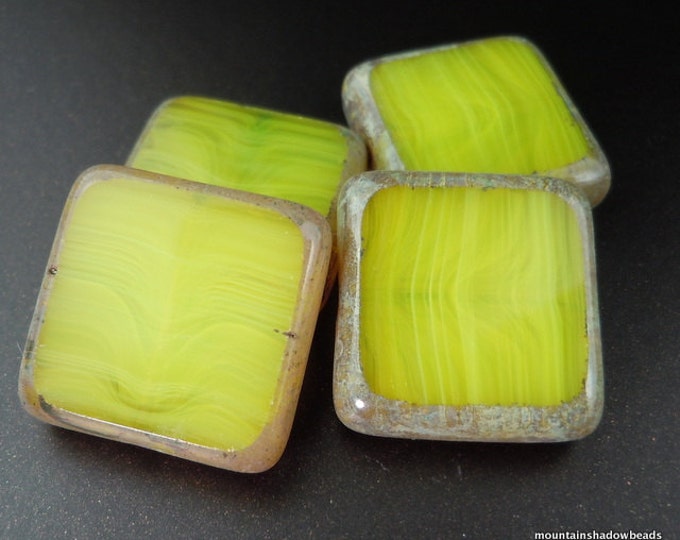 4 Czech Glass Beads 18mm X-Large Square - Milky Lime Picasso