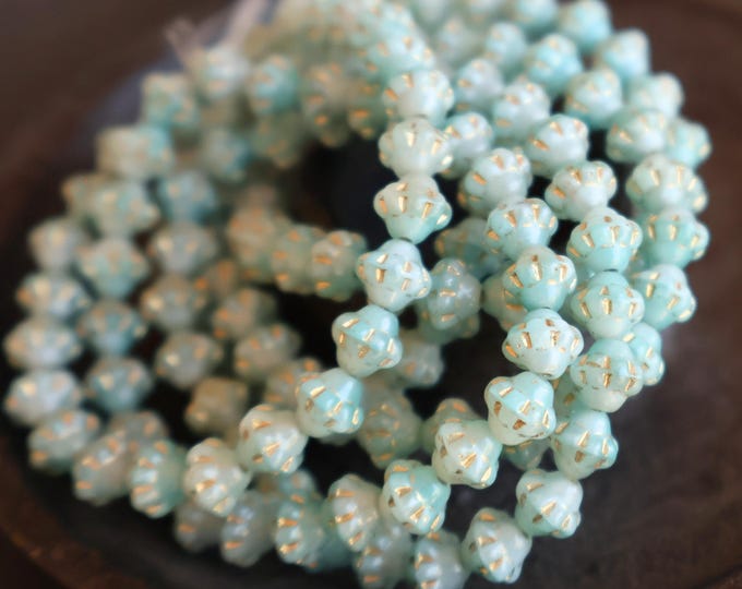 25 Czech Pressed Glass 6mm Saturn Aqua White Gold Picasso