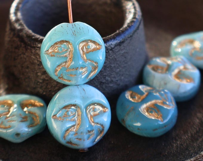 6 - 13mm Moon Face Bead - Czech Glass Bead - Silky Blue Bronze Picasso 12 - 9