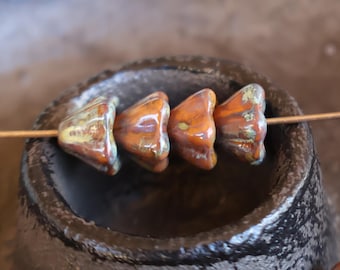 12 Czech Glass Flower Beads 6x8mm Goldenrod Picasso (BX 9 - 30)